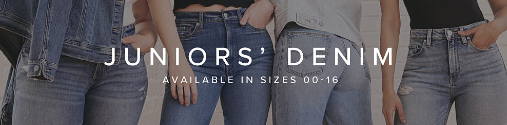 Four women in jeans. Juniors' denim. Available in sizes double zero to 16. 