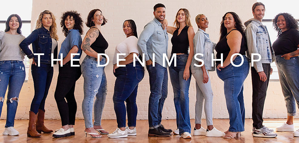 A group of women and men of different sizes wearing jeans of different fits and colors. Some also wear denim tops or jackets.