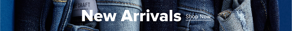 A banner showing a closeup of jeans in different colors. New arrivals. Shop now. 