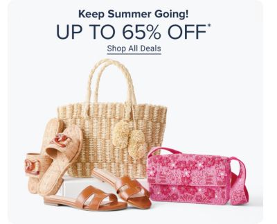 Image of summer accessories. Keep summer going! Up to 65% off. Shop all deals