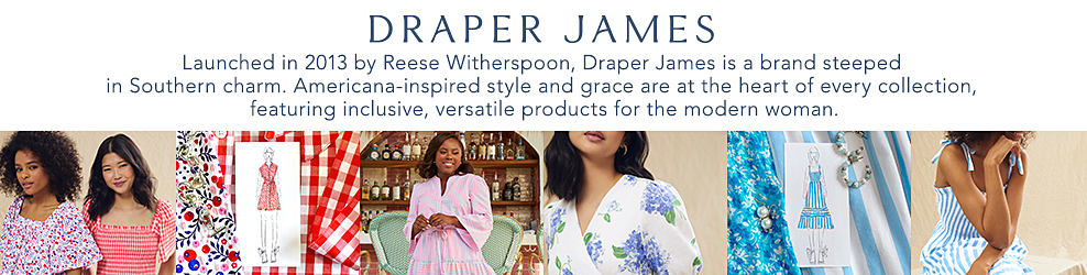 Draper James. Launched in 2013 by Reese Witherspoon, Draper James is a brand steeped in Southern charm. Americana-inspired style and grace are at the heart of every collection, featuring inclusive, versatile products for the modern woman. Various images of woman in colorful dresses and fashion diagrams of dresses. 