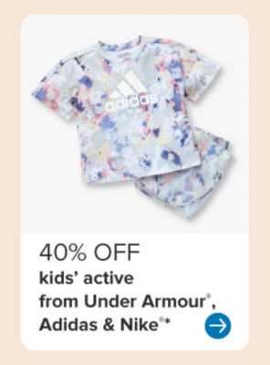 Image of a purple tie dye adidas shirt and matching shorts. 40% off kids' active from Under Armor, Adidas and Nike.