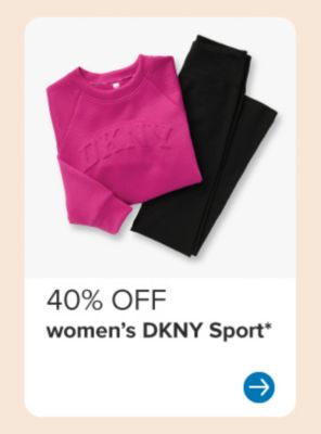 Image of a pink sweatshirt and black pants. 40% off women's DKNY Sport.