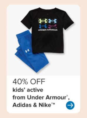 Image of a black Under Armour shirt and blue pants. 40% off kids' active from Under Armor, Adidas and Nike.