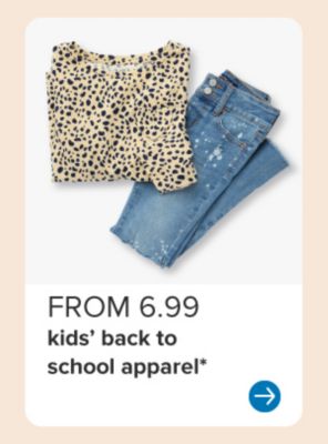 Image of an animal print shirt and jeans. From $6.99 kids' back to school apparel.