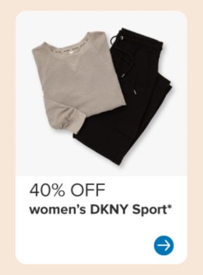 Image of a grey shirt and black pants. 40% off women's DKNY Sport.