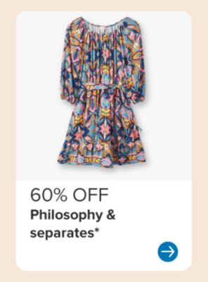 Image of a patterned dress. 60% off Philosophy and separates.