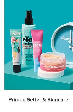 Image of various cosmetics. Shop primer, setter and skincare.