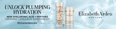 Unlock plumping hydration. New hyaluronic acid + peptides ceramide capsules and water cream. Hash tag, SmarterSkincare. Two skincare bottles. Elizabeth Arden New York.