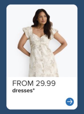 From 29.99 dresses. Woman wearing white floral dress. 