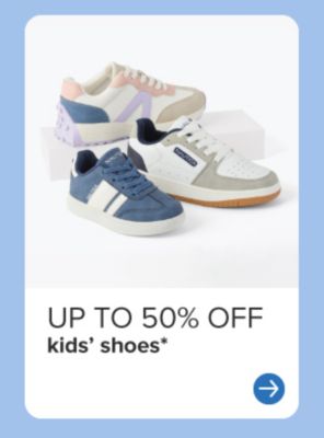Up to 50% off kids’ shoes. White and pastel sneakers. 