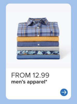 From 12.99 men’s apparel. Folded plaid shirts and shorts.