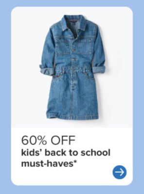 Up to 60% off kids’ back to school must-haves. Blue denim dress. 