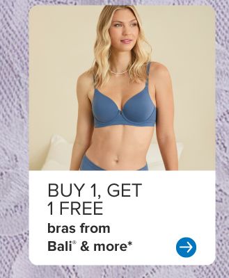 Buy one, get one free bras from Bali and more. Woman in blue underwear.