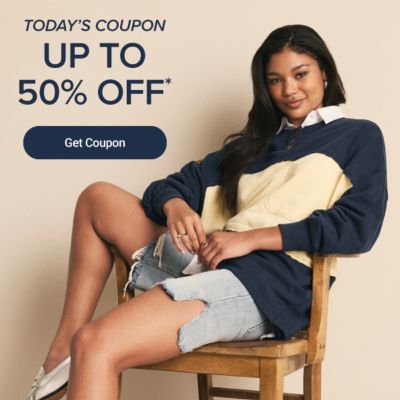 A young woman in a blue and yellow top and shorts. Today's coupon, up to 50% off. Get coupon.