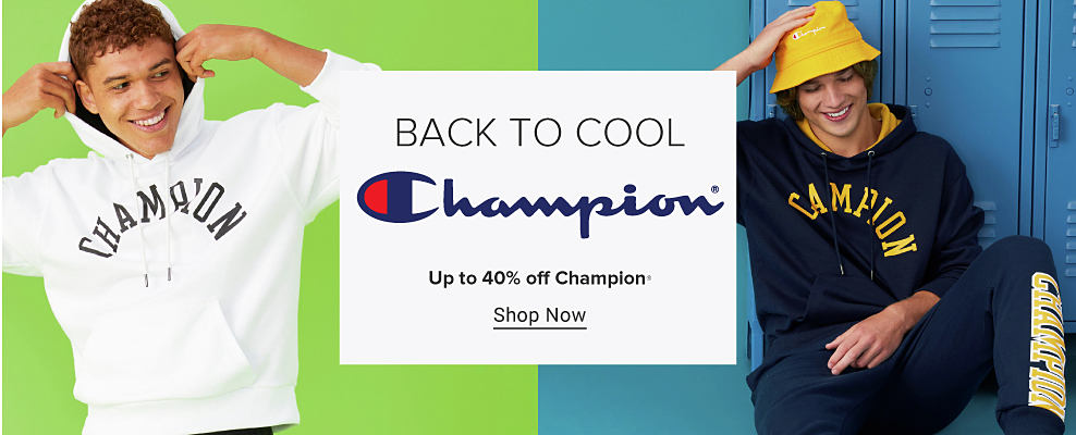 A man in a white hoodie with Champion on the front. A man in a blue hoodie with Champion on the front in yellow letters, with matching pants and a yellow Champion bucket hat. Back to Cool. Champion. Up to 40% off Champion. Shop now.