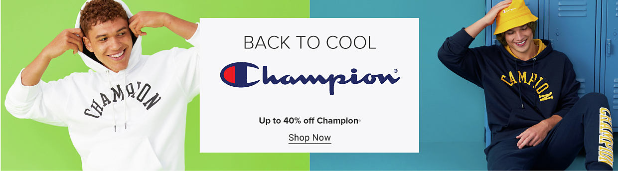 A man in a white hoodie with Champion on the front. A man in a blue hoodie with Champion on the front in yellow letters, with matching pants and a yellow Champion bucket hat. Back to Cool. Champion. Up to 40% off Champion. Shop now. 