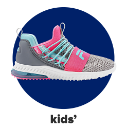 A gray, pink and blue kids' Fila shoe. Kids'. 