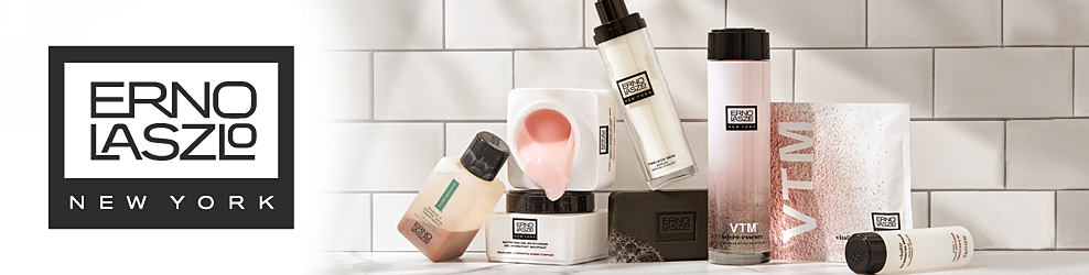 An image of beauty products on a counter. Erno Laszlo logo. Shop Erno Laszlo New York. 