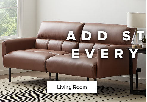 An image of a brown leather couch. Shop living room. 