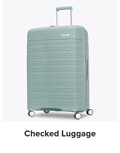 Image of a green rolling suitcase. Shop checked luggage. 