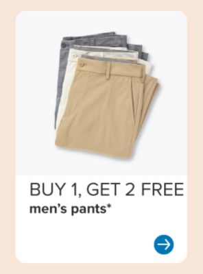Image of three pairs of pants in different colors. Buy 1, get 2 free men's pants.