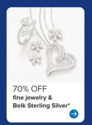 Image of a silver heart shaped necklace with silver earrings and a ring. 70% off fine jewelry and Belk Sterling Silver.