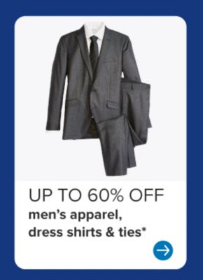 Image of a grey suit and black tie. Up to 60% off men's apparel, dress shirts and ties.