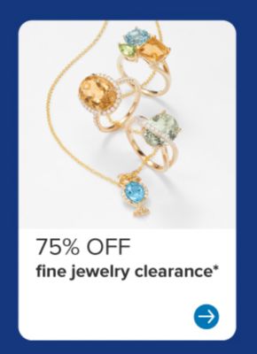 Image of a gold necklace and rings with colorful gem stones. 75% off fine jewelry clearance.