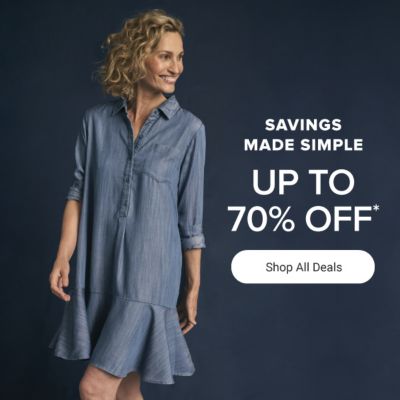 A woman in a denim dress. Savings made simple. Up to 70% off. Shop all deals.