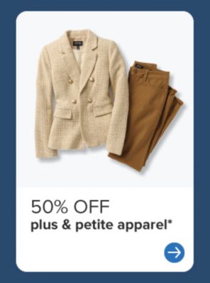 50% off plus & petite apparel. A girls' set. 