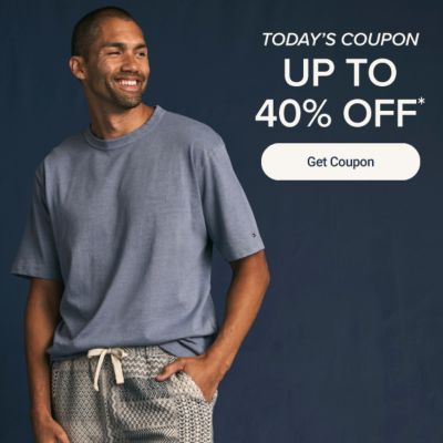Today's coupon. Up to 40% off. Get coupon. Man wearing a blue t-shirt and patterned shorts.