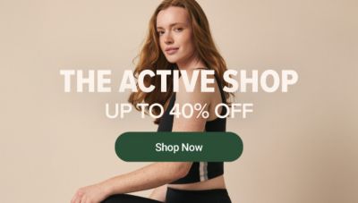 The active shop. Up to 40% off. Shop now. A person wearing active clothing.
