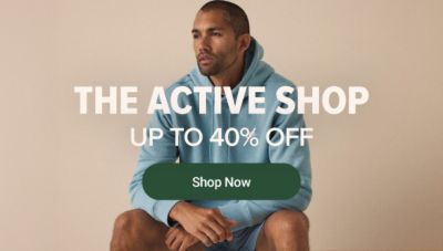 The active shop. Up to 40% off. Shop now. A person wearing active clothing.