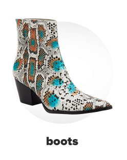 A women's boot in a white snakeskin print with teal and gold accents. Boots. 