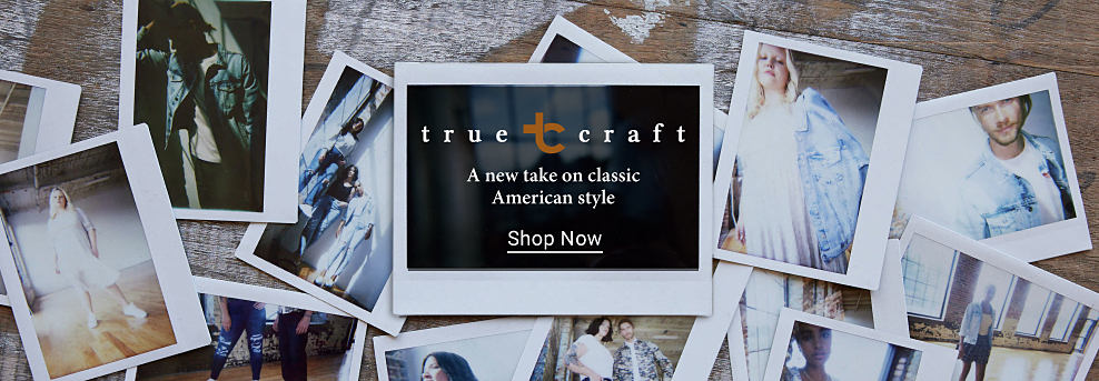 Collection of polaroid images with men and womn in denim True Craft logo A new take on classic American style Shop Now