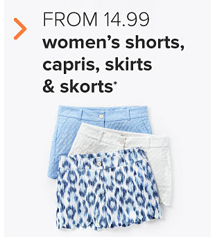 Three pairs of shorts in light blue, white and a blue on white pattern. From 14.99 women's shorts, capris, skirts and skorts. 