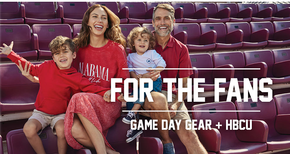 For the fans. Game day gear plus HBCU. An Image of a family wearing University of Alabama attire.