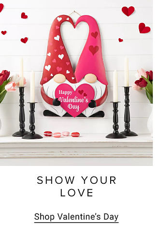 Valentine's gnomes on a mantle. Show your love. Shop Valentine's Day.
