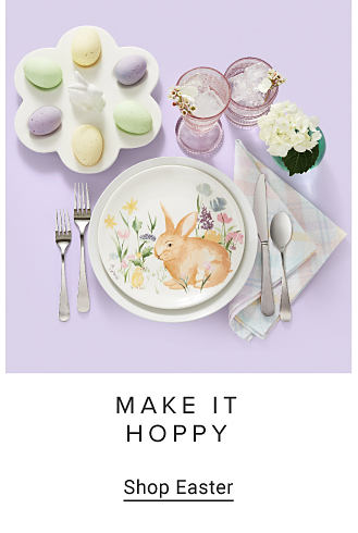 A plate with a rabbit on it, beside a try of pastel eggs and assorted cutlery. Make it hoppy. Shop Easter.