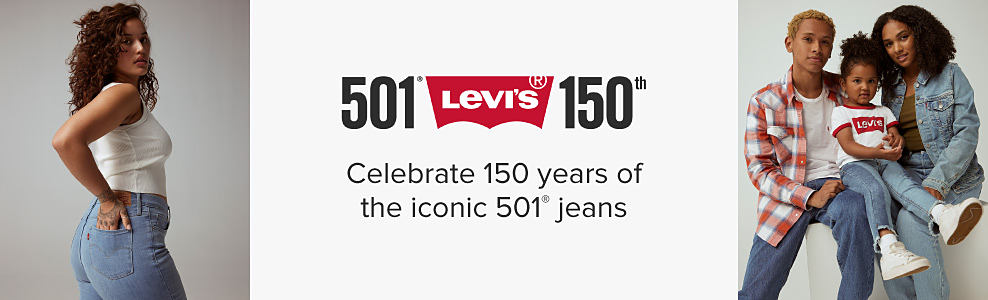 A woman wearing a white tank top and blue jeans. 501 Levi's 150th. Celebrate 150 years of the iconic 501 jeans. Image of a young man in a plaid shirt and jeans, a girl in jeans and a Levi's shirt, and a woman in a denim jacket and jeans.