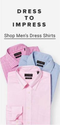 Dress to impress. Shop men's dress shirts. Men's dress shirts in pink plaid, pink, and light blue.