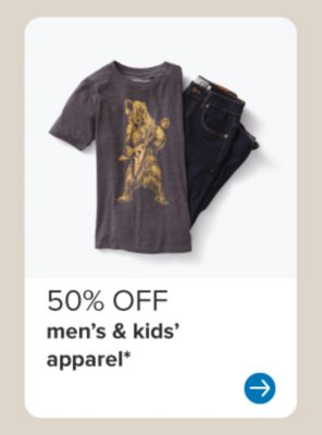 Image of a graphic tee and jeans. 50% off men's and kids' apparel.