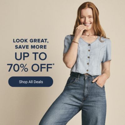 A woman in a denim top and jeans. Look great, save more. Up to 70% off. Shop all deals.