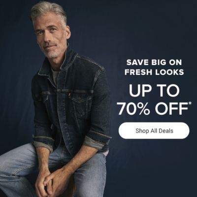 A man in a denim jacket and jeans. Save big on fresh looks. Up to 70% off. Shop all deals.