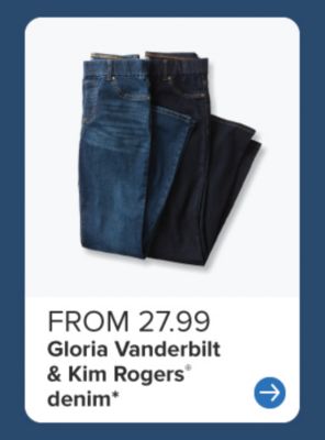 Two pairs of jeans stacked on top of each other. From 24.99 Gloria Vanderbilt & Kim Rogers® denim. 