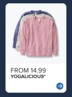 A stack of crew neck sweater. From 14.99 YOGALICIOUS. 