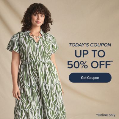 A woman in a green floral dress. Today's coupon up to 50% off. Get coupon. Online only.