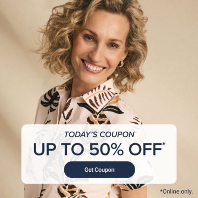 A woman in a floral shirt. Today's coupon up to 50% off. Get coupon. Online only.