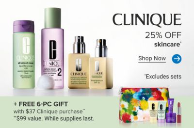 Clinique free 6-piece gift with $37 Clinique purchase. Shop now. $99 value. While supplies last. A branded makeup bag and mini products.